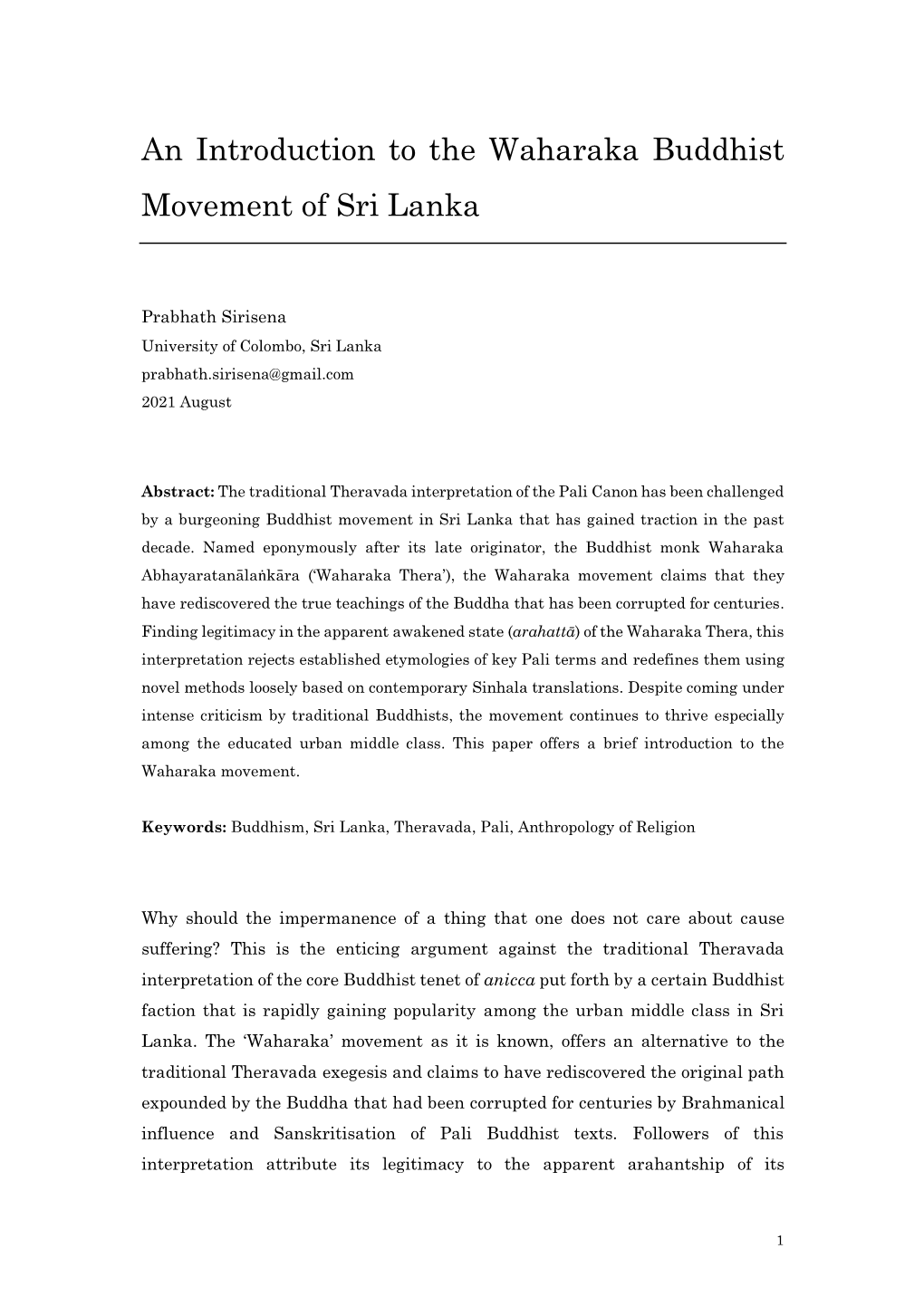 An Introduction to the Waharaka Buddhist Movement of Sri Lanka