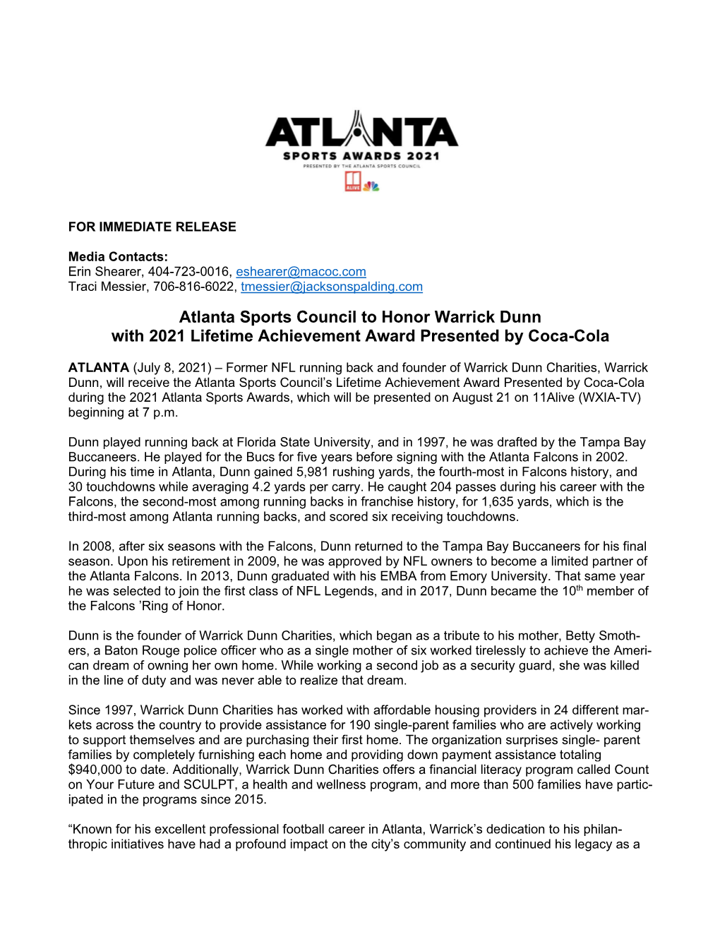 Atlanta Sports Council to Honor Warrick Dunn with 2021 Lifetime Achievement Award Presented by Coca-Cola