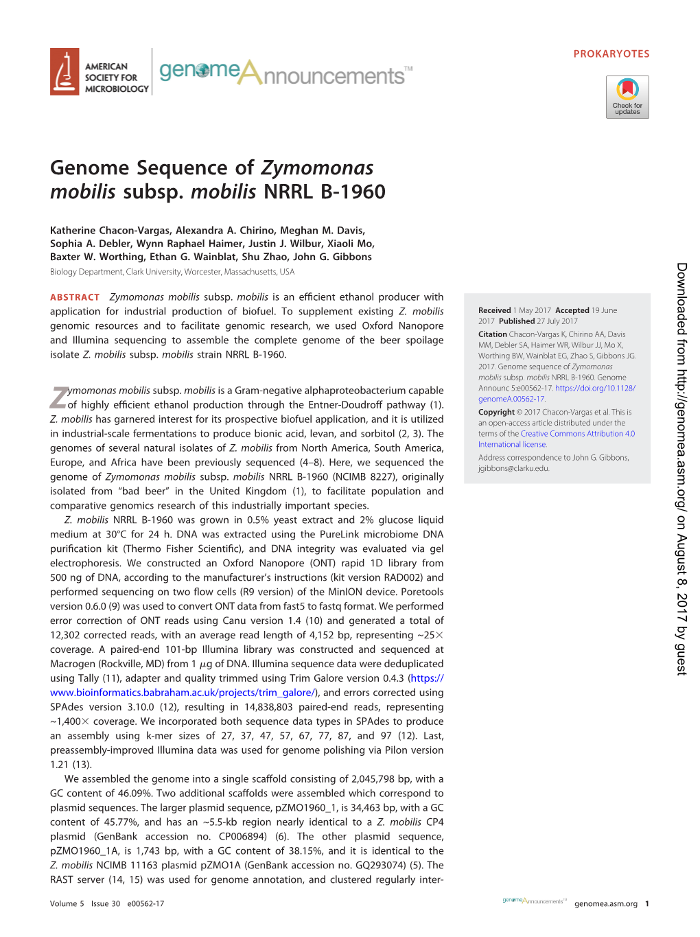 Genome Sequence of Zymomonas Mobilis Subsp. Mobilis NRRL B-1960