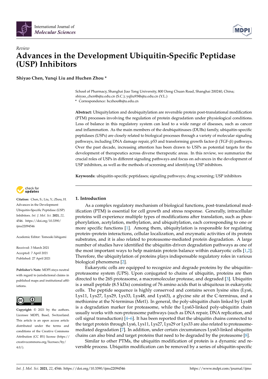 Advances in the Development Ubiquitin-Specific Peptidase (USP)