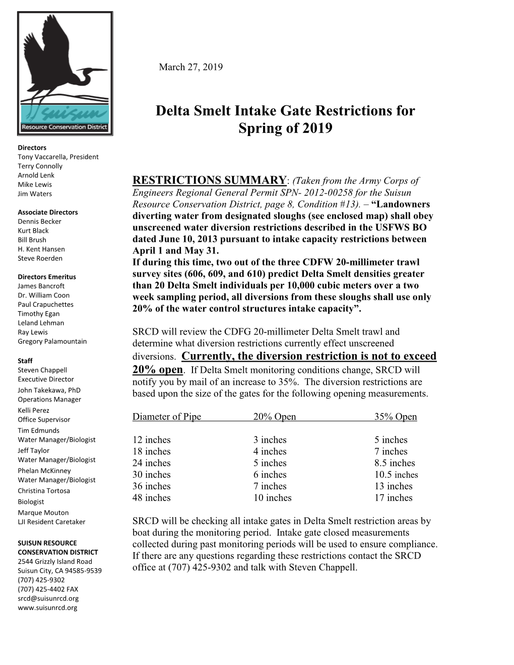 Delta Smelt Intake Gate Restrictions for Spring of 2019