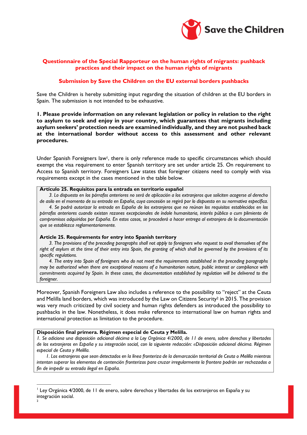 Questionnaire of the Special Rapporteur on the Human Rights of Migrants: Pushback Practices and Their Impact on the Human Rights of Migrants