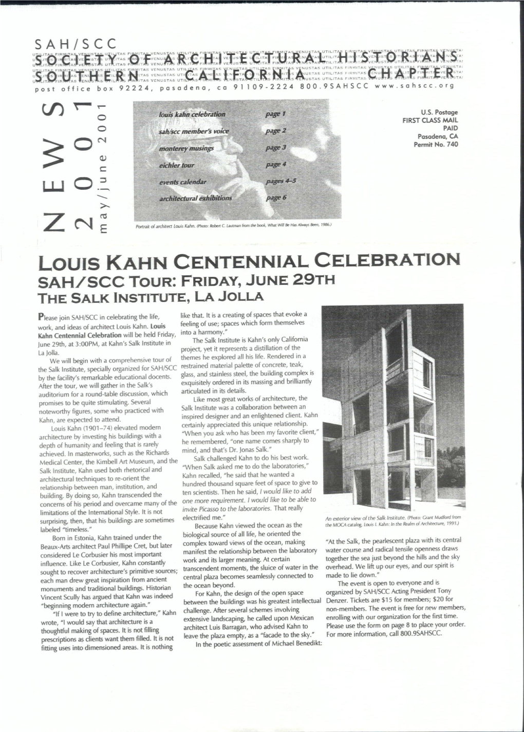 Louis Kahn Centennial Celebration Sah/Scc Tour: Friday, June 29Th the Salk Institute, La Jolla