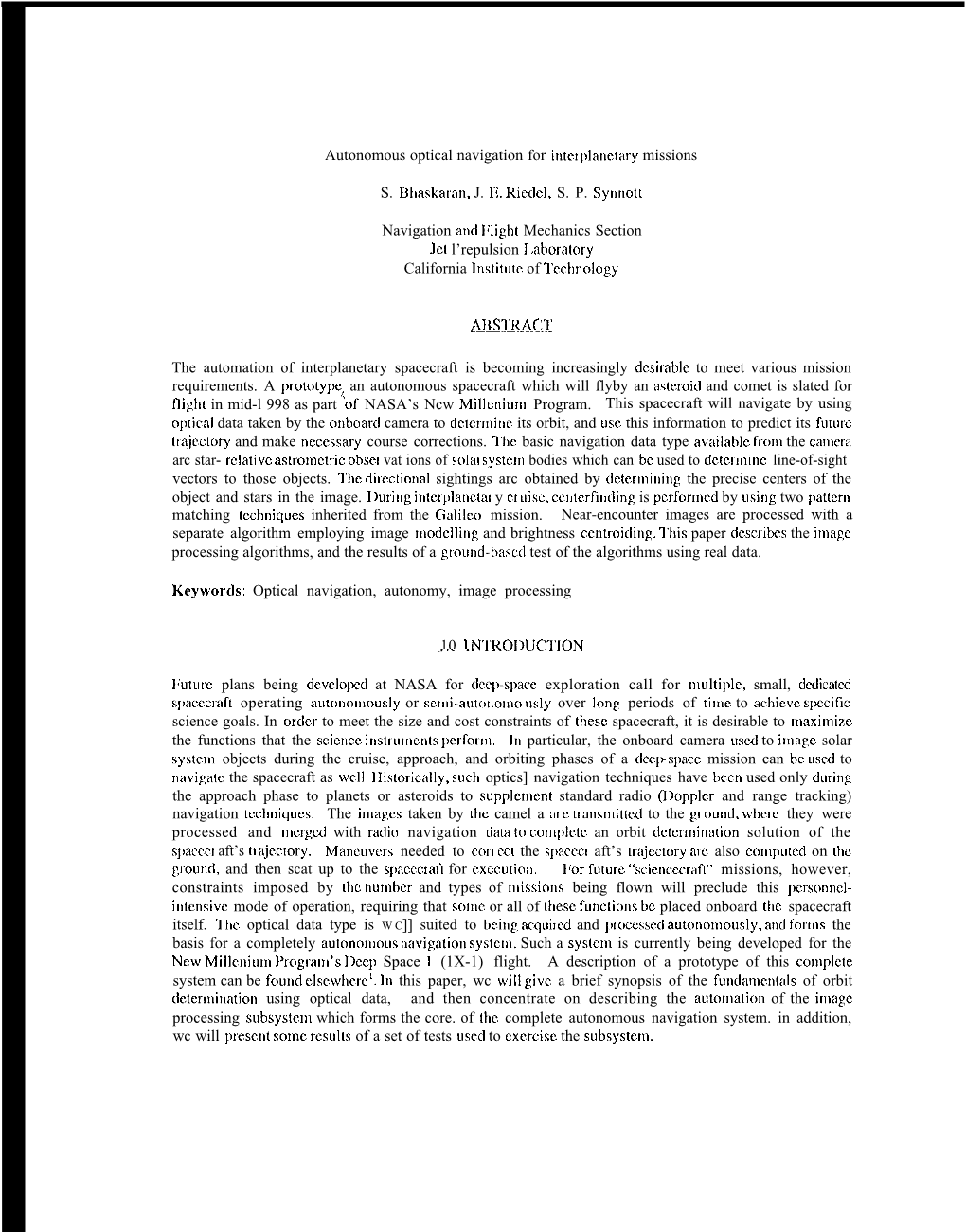 Autonomous Optical Navigation for Intclplanctary Missions S