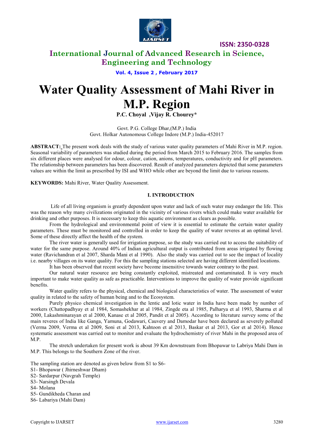 Water Quality Assessment of Mahi River in M.P. Region P.C