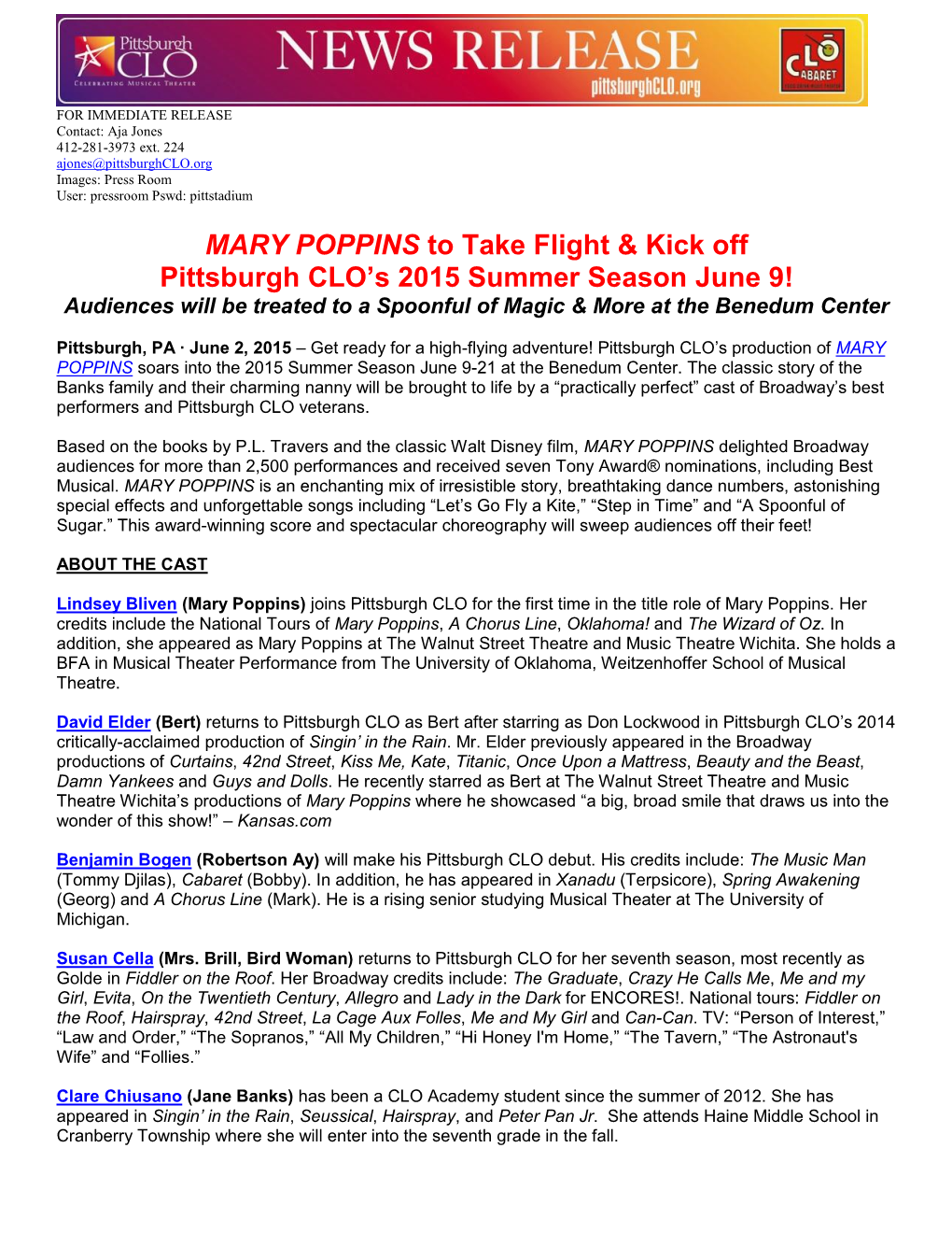 MARY POPPINS to Take Flight & Kick Off Pittsburgh CLO's 2015 Summer Season June 9!