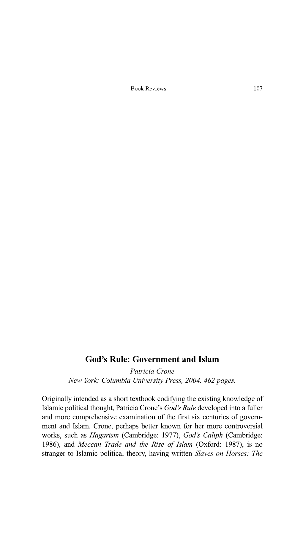 God's Rule: Government and Islam