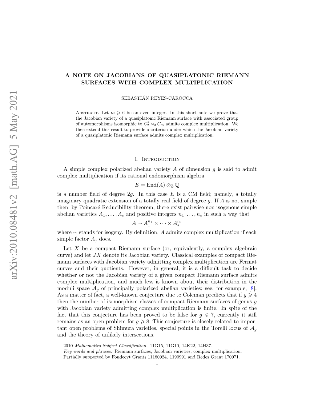 Arxiv:2010.08481V2 [Math.AG] 5 May 2021