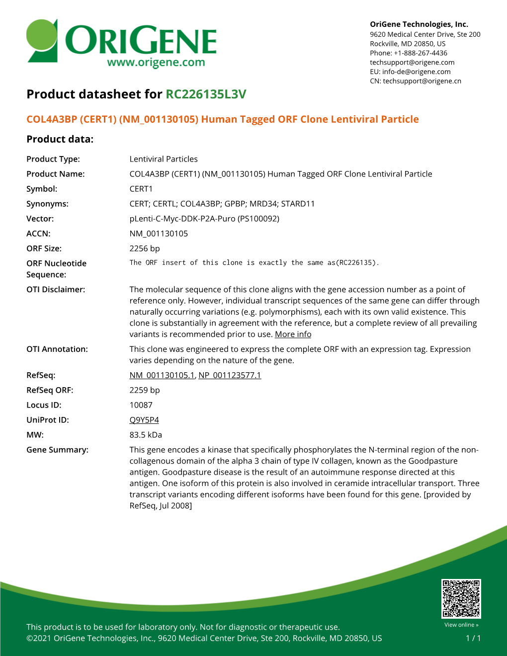 COL4A3BP (CERT1) (NM 001130105) Human Tagged ORF Clone Lentiviral Particle Product Data