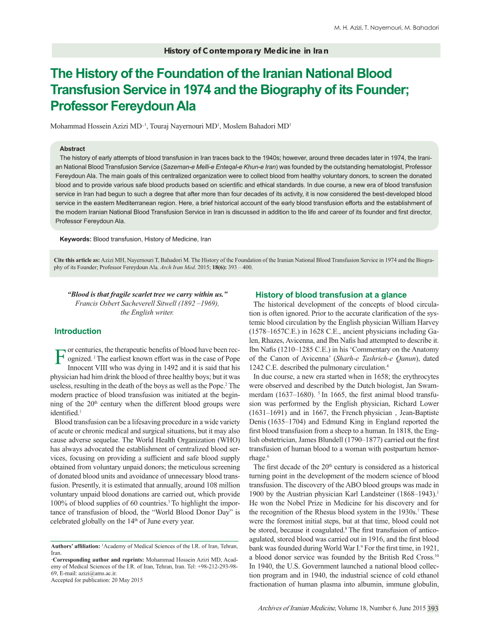 The History of the Foundation of the Iranian National Blood Transfusion Service in 1974 and the Biography of Its Founder; Professor Fereydoun Ala