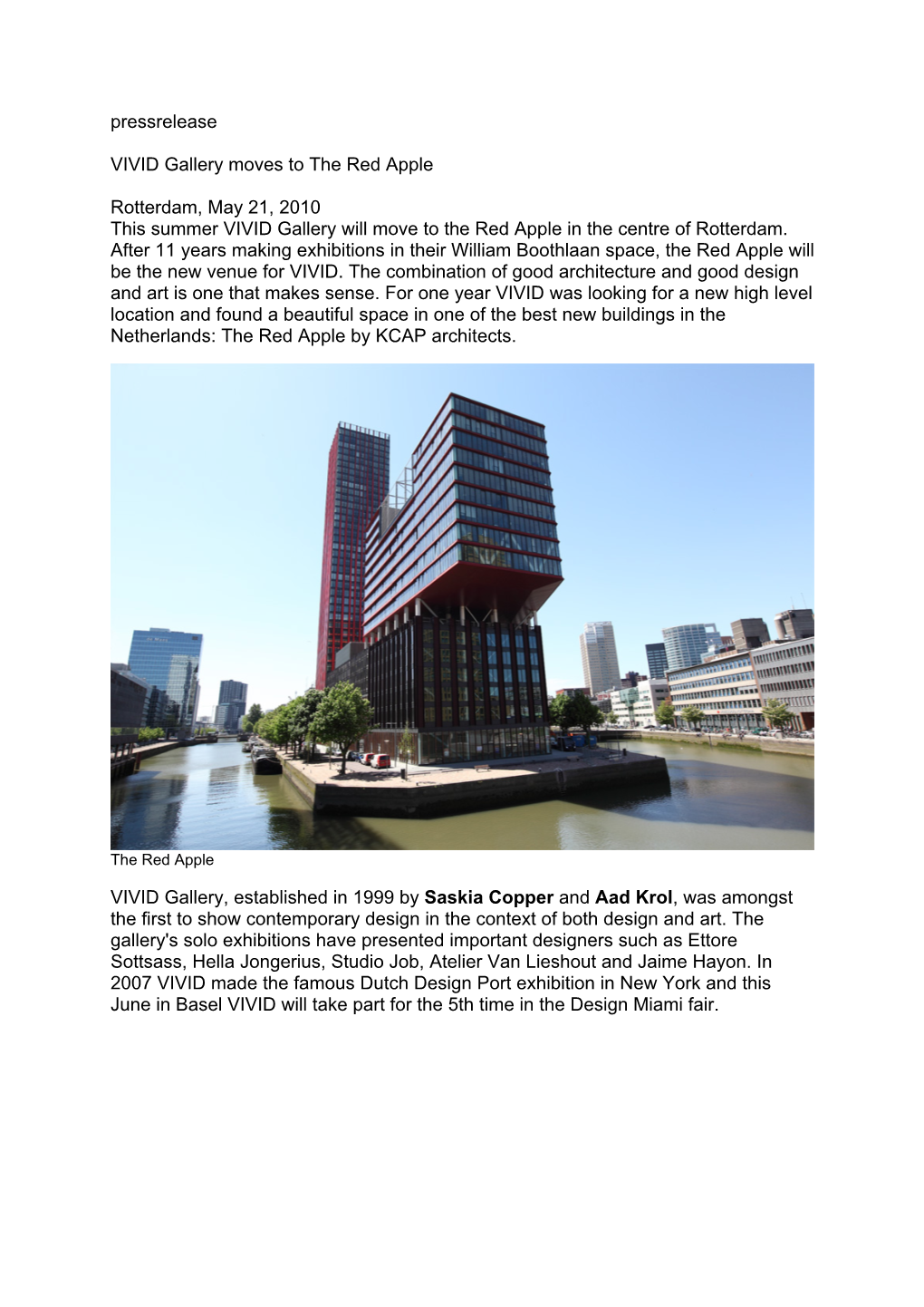 Pressrelease VIVID Gallery Moves to the Red Apple Rotterdam