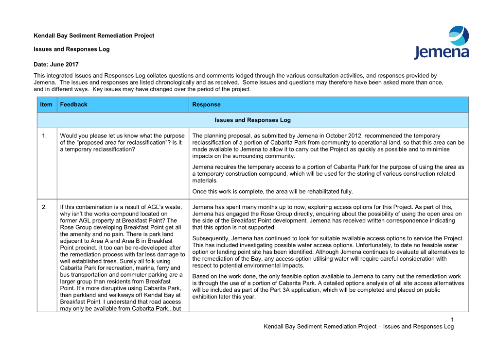 Issues and Responses Log Kendall Bay Sediment Remediation Project