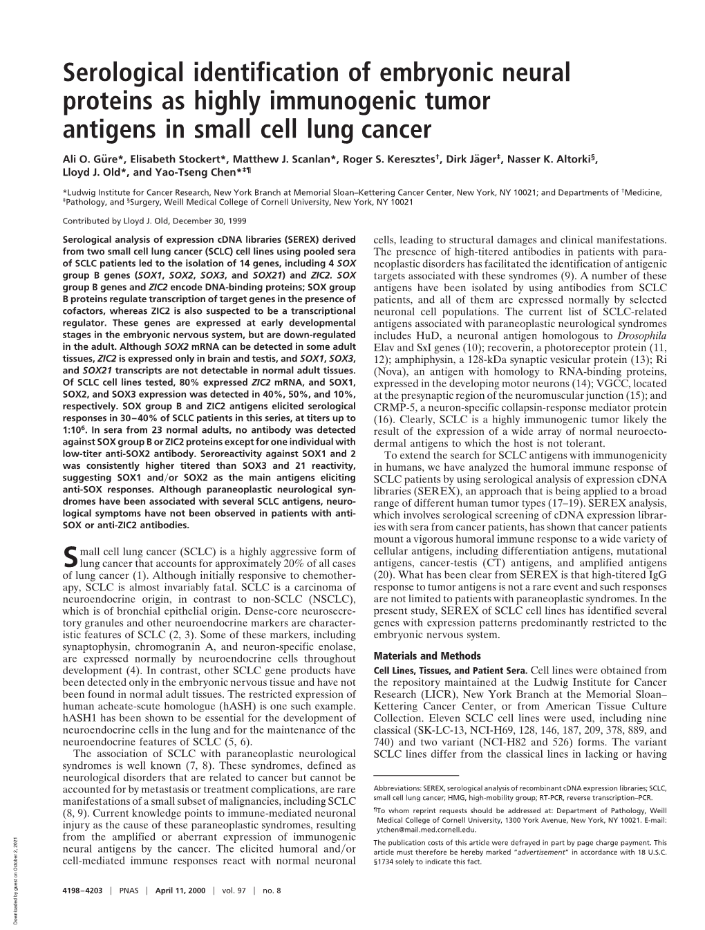 Serological Identification of Embryonic Neural Proteins As Highly Immunogenic Tumor Antigens in Small Cell Lung Cancer