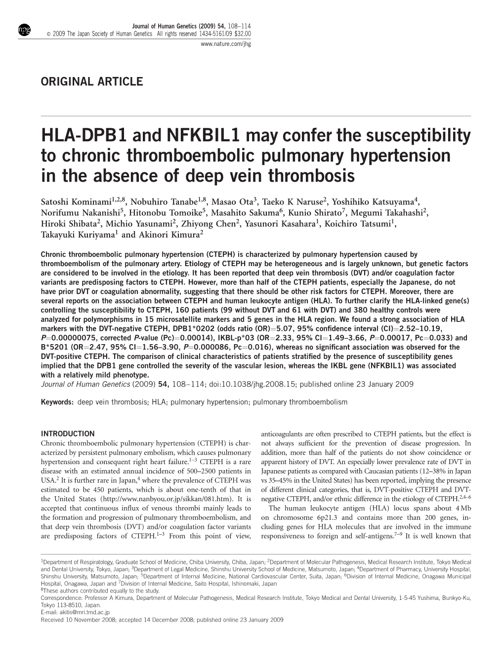 HLA-DPB1 and NFKBIL1 May Confer the Susceptibility to Chronic Thromboembolic Pulmonary Hypertension in the Absence of Deep Vein Thrombosis