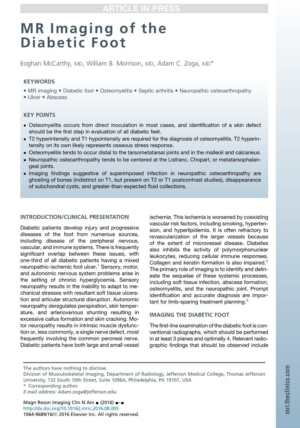 MR Imaging of the Diabetic Foot