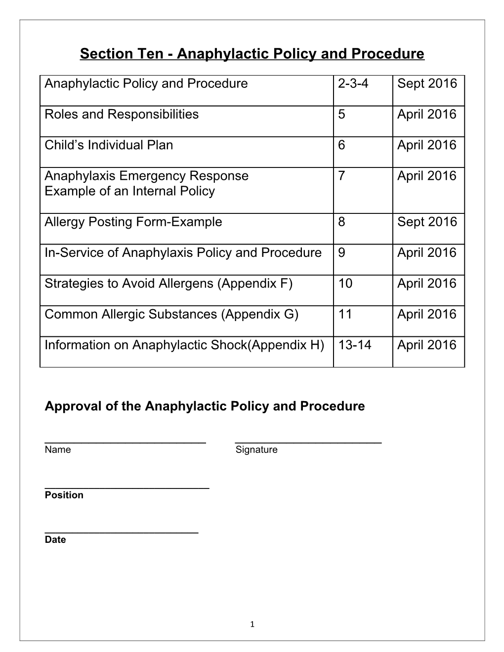 Anaphylaxis Allergy Policy