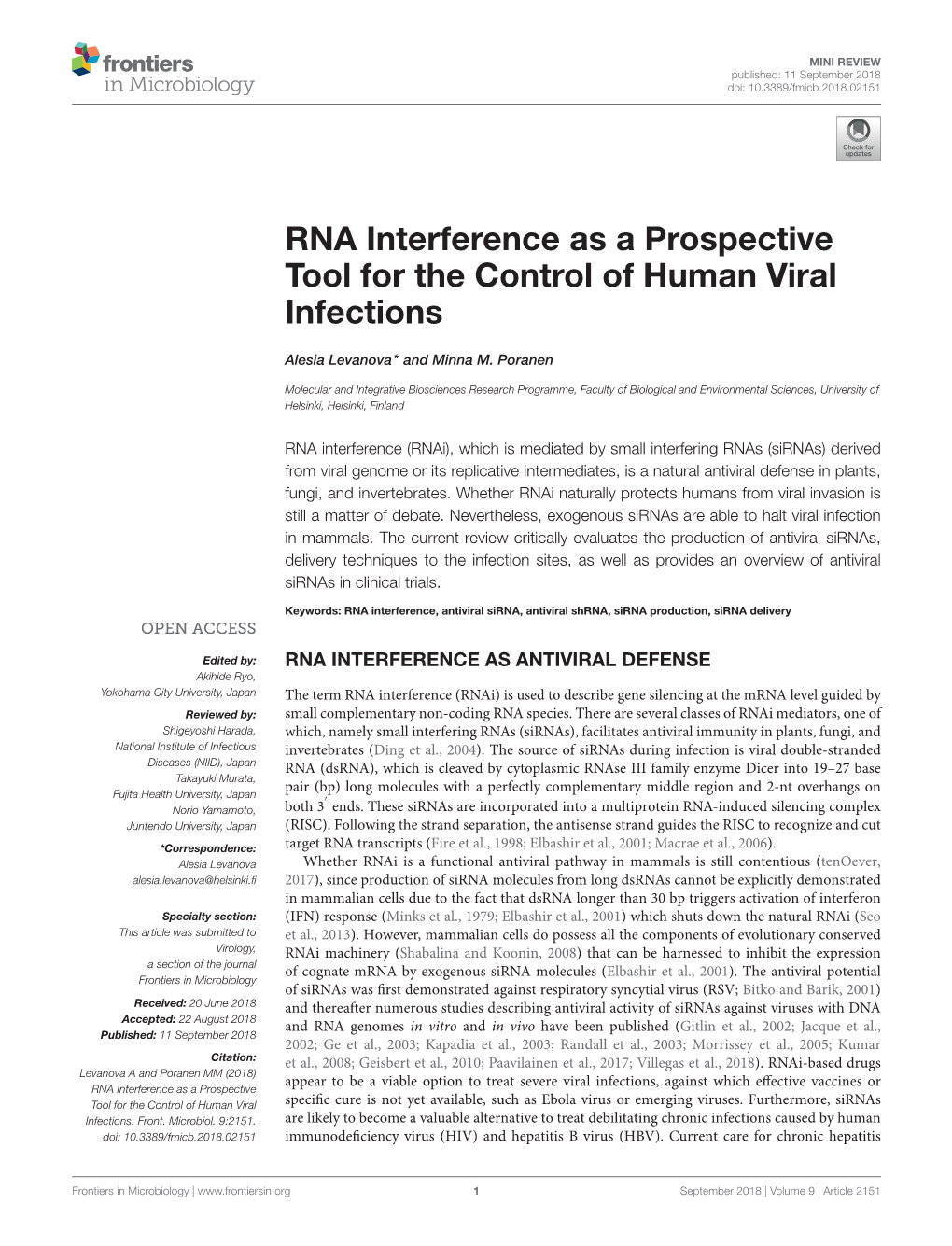 RNA Interference As a Prospective Tool for the Control of Human Viral Infections