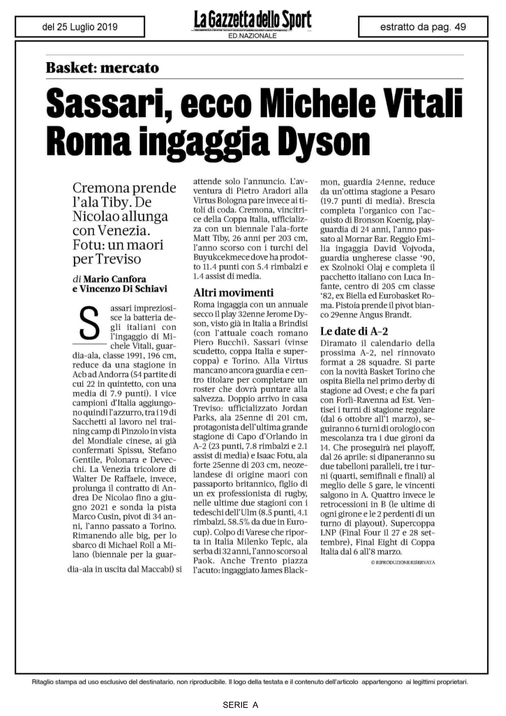 Sassari, Ecco Michele Vitali Roma Ingaggia Dyson