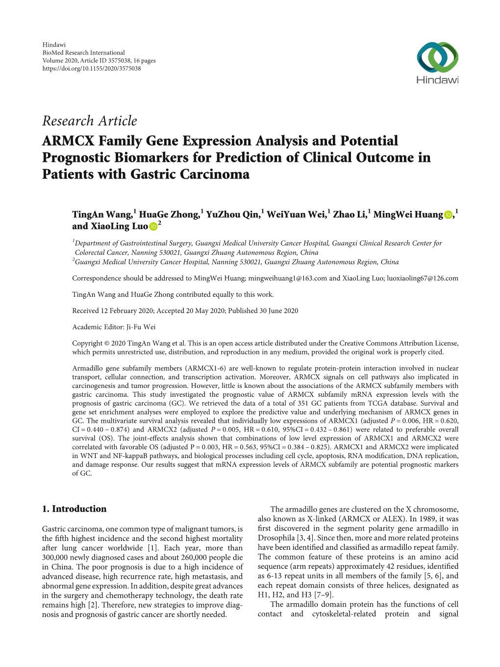 ARMCX Family Gene Expression Analysis and Potential Prognostic Biomarkers for Prediction of Clinical Outcome in Patients with Gastric Carcinoma