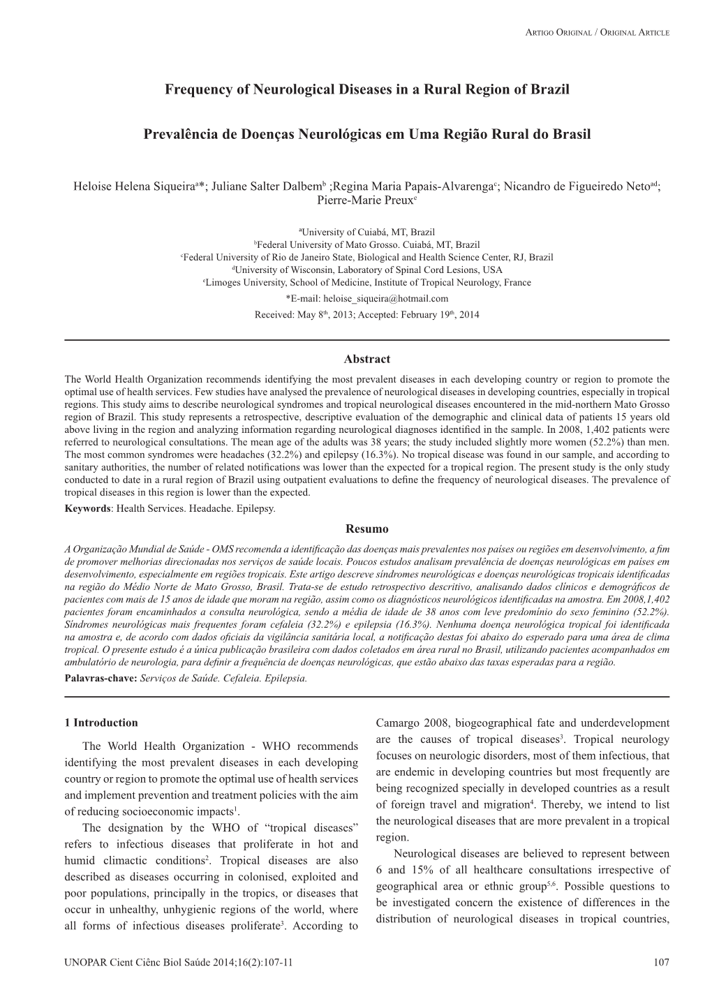 Frequency of Neurological Diseases in a Rural Region of Brazil