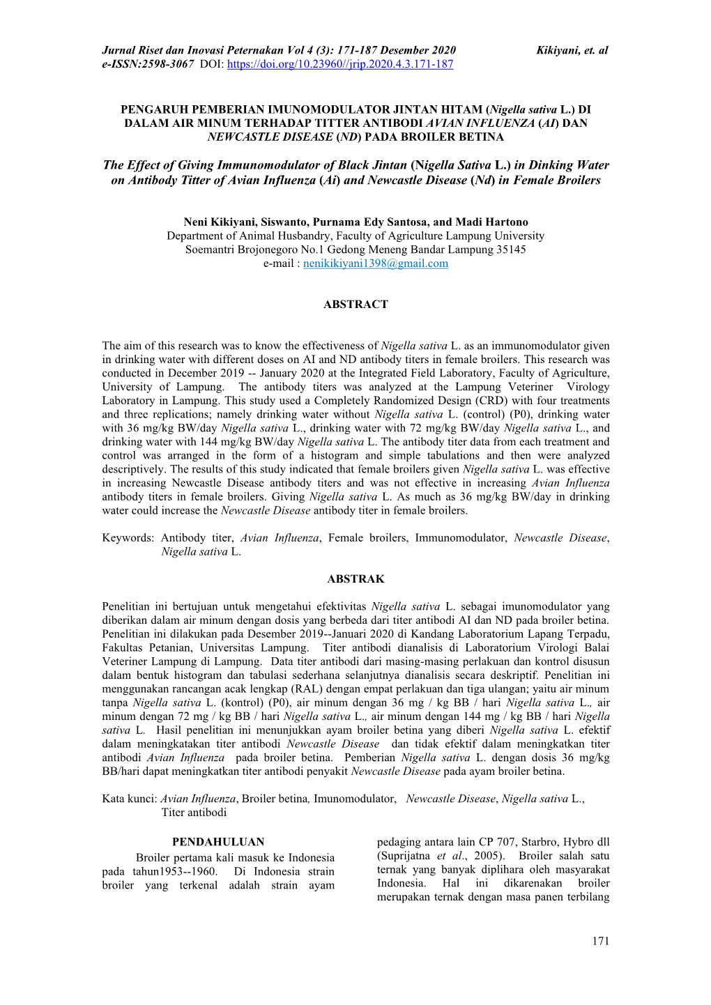 The Effect of Giving Immunomodulator of Black Jintan (Nigella Sativa L.) in Dinking Water on Antibody Titter of Avian Influenza