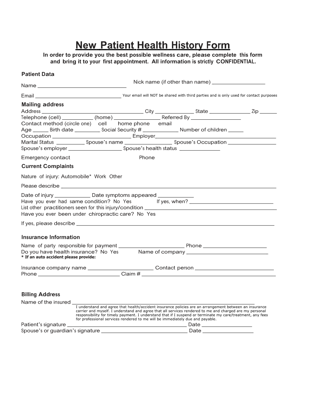 New Patient Health History Form