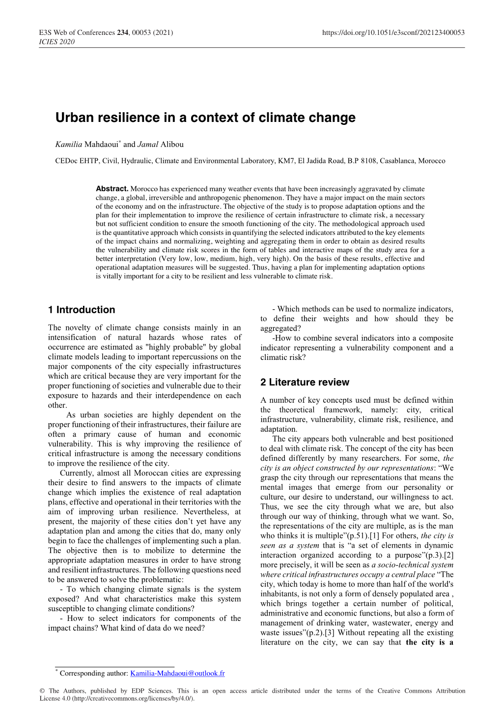 Urban Resilience in a Context of Climate Change