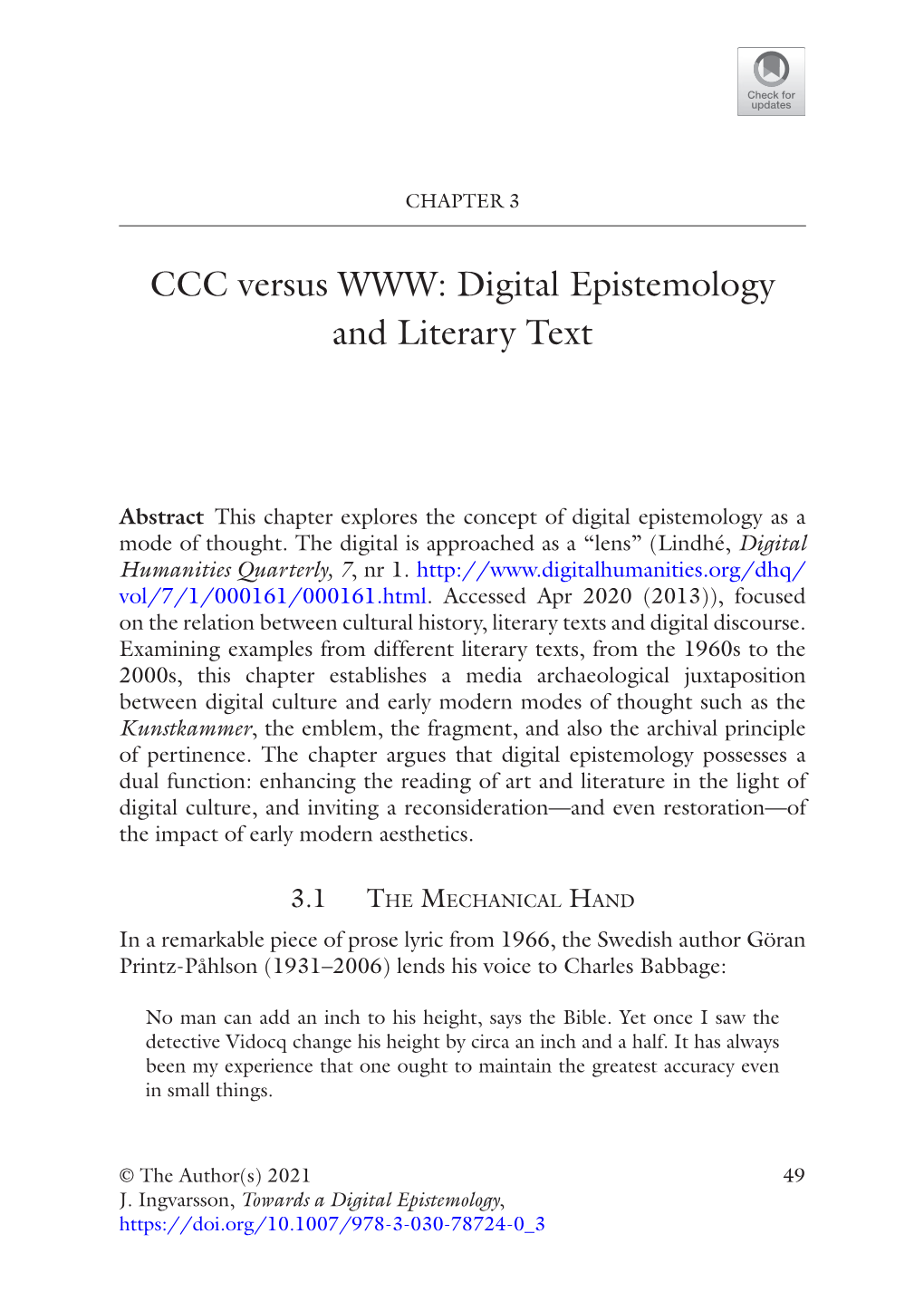 CCC Versus WWW: Digital Epistemology and Literary Text