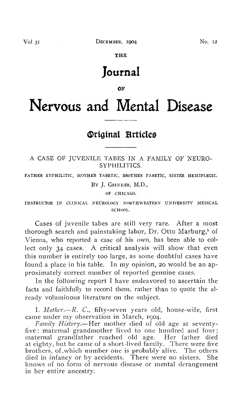 A Case of Juvenile Tabes in a Family of Neurosyphilitics