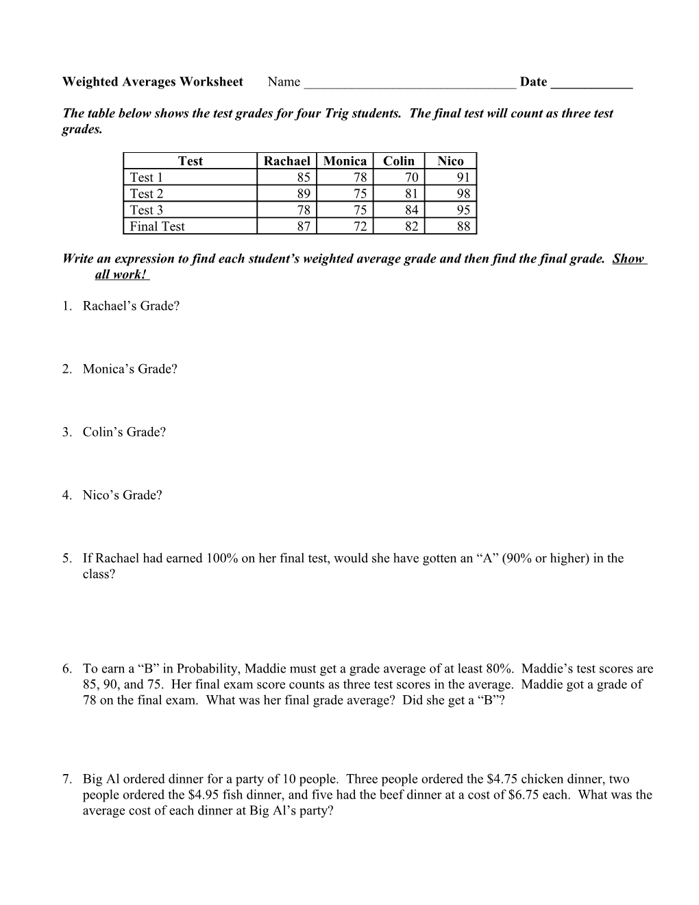 Algebra Unit 3 Worksheet 6