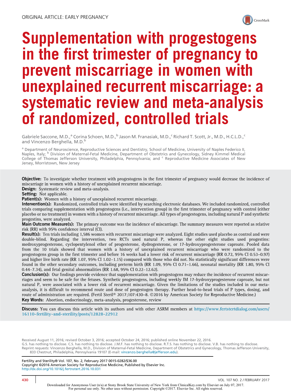 Supplementation with Progestogens in the First Trimester of Pregnancy to Prevent Miscarriage in Women with Unexplained Recurrent