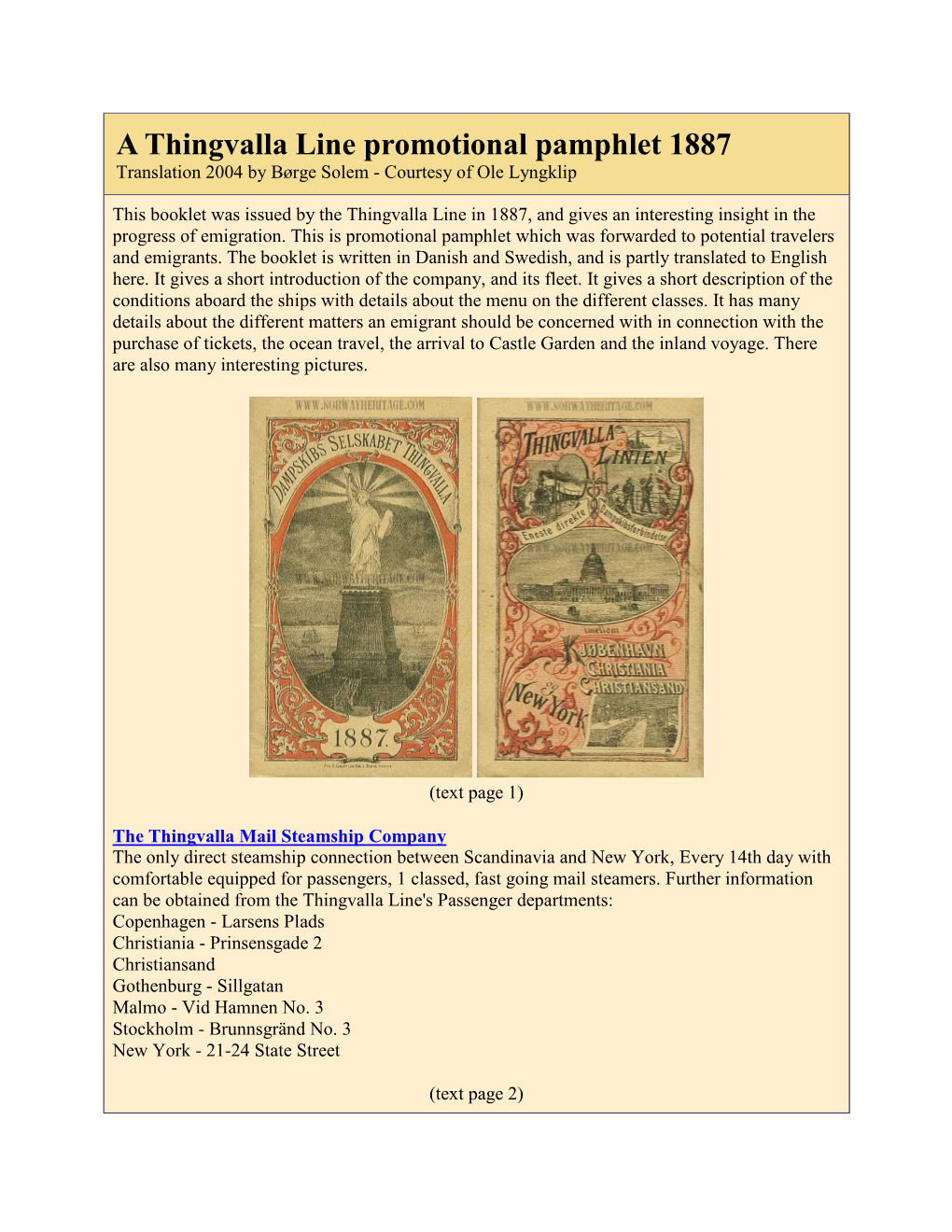 A Thingvalla Line Promotional Pamphlet 1887 Translation 2004 by Børge Solem - Courtesy of Ole Lyngklip