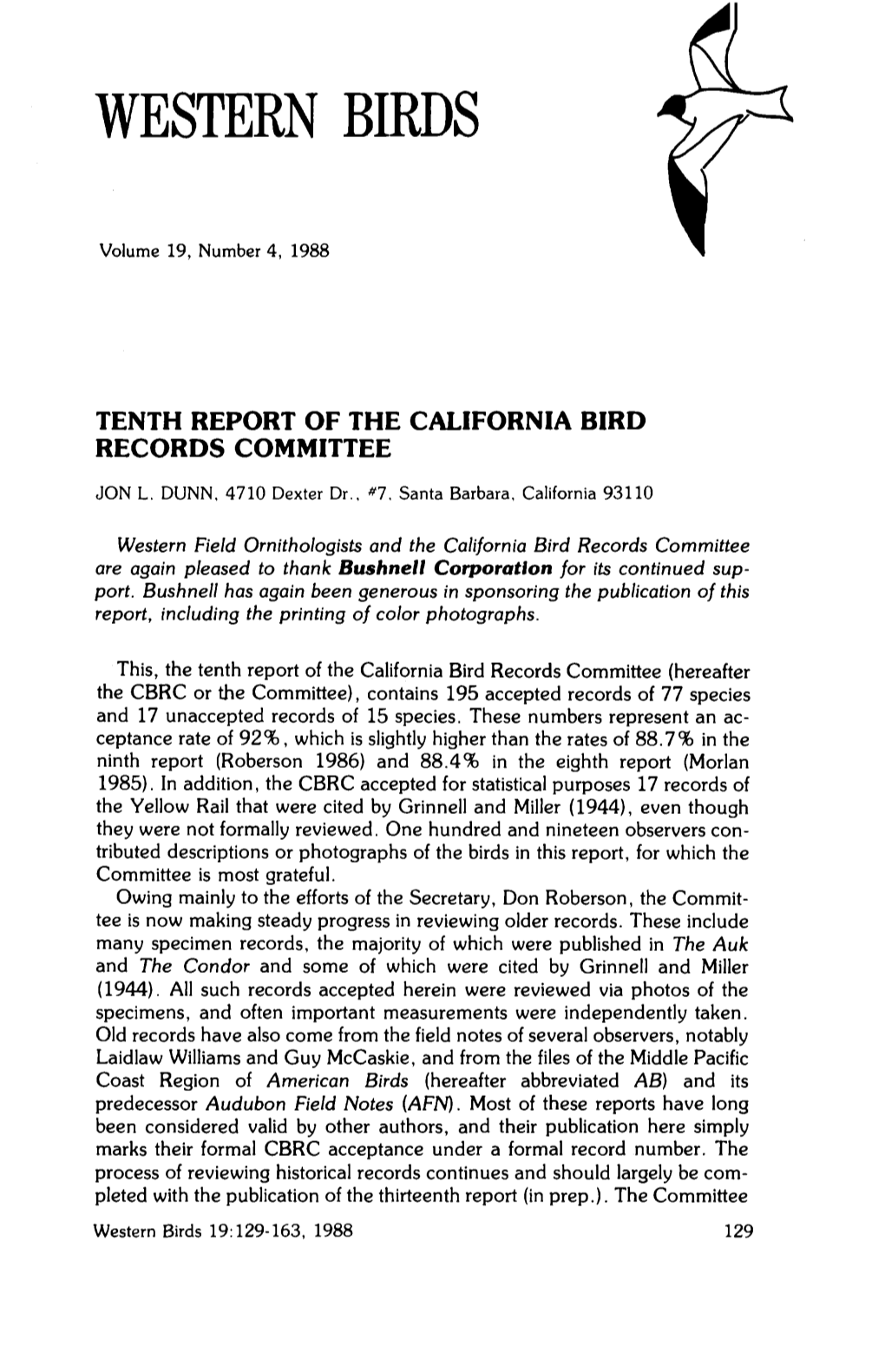 Tenth Report of the California Bird Records Committee