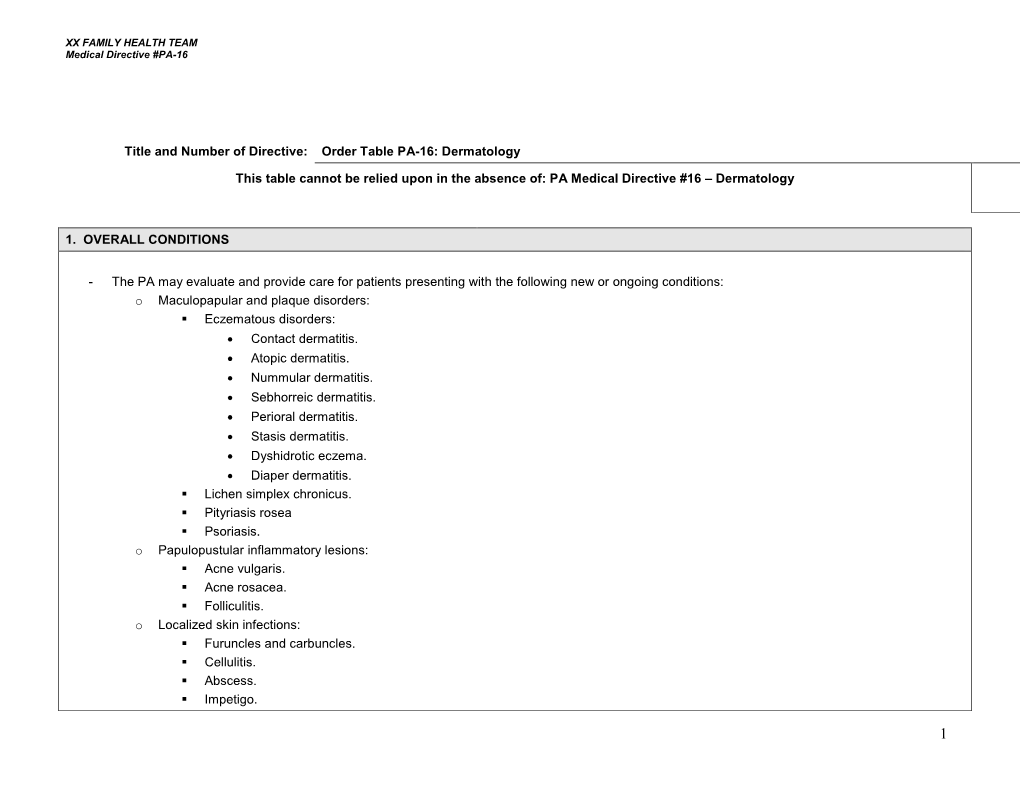 Medical Directive #16 Order Table