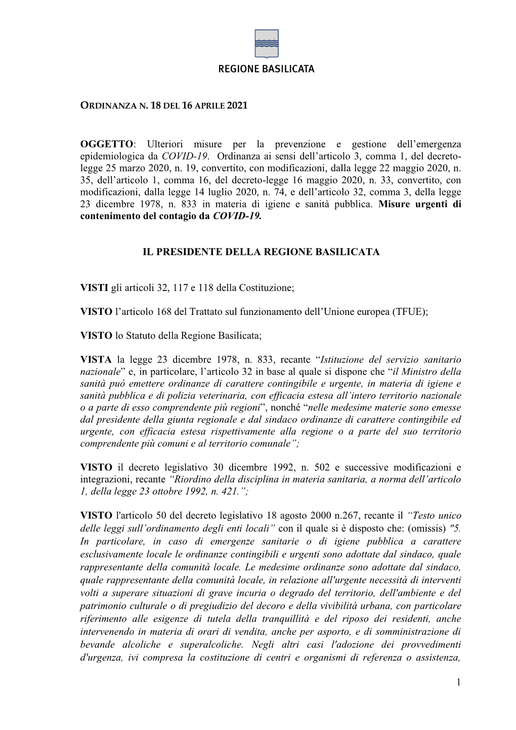 Ordinanza N. 18 Del 16.04.2021 Del Presidente Della Giunta Regionale