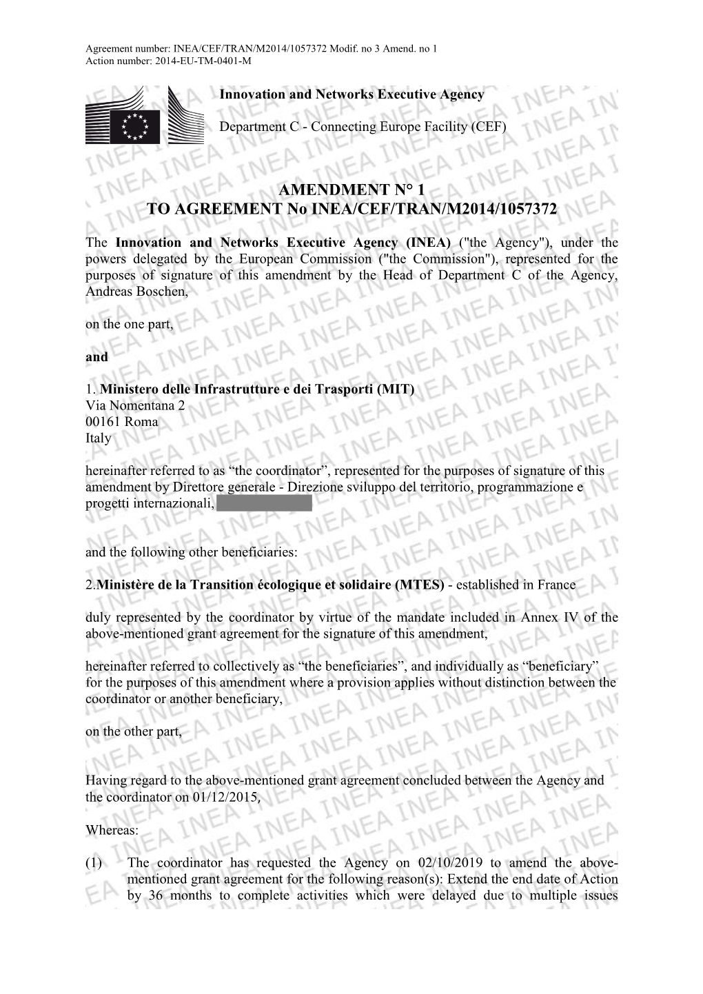 AMENDMENT N° 1 to AGREEMENT No INEA/CEF/TRAN/M2014/1057372