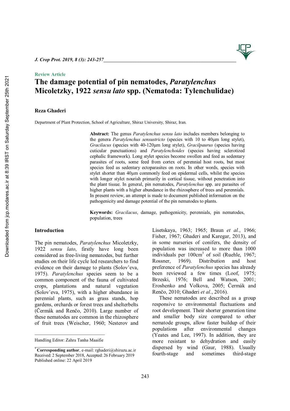 The Damage Potential of Pin Nematodes, Paratylenchus Micoletzky, 1922 Sensu Lato Spp. (Nematoda: Tylenchulidae)