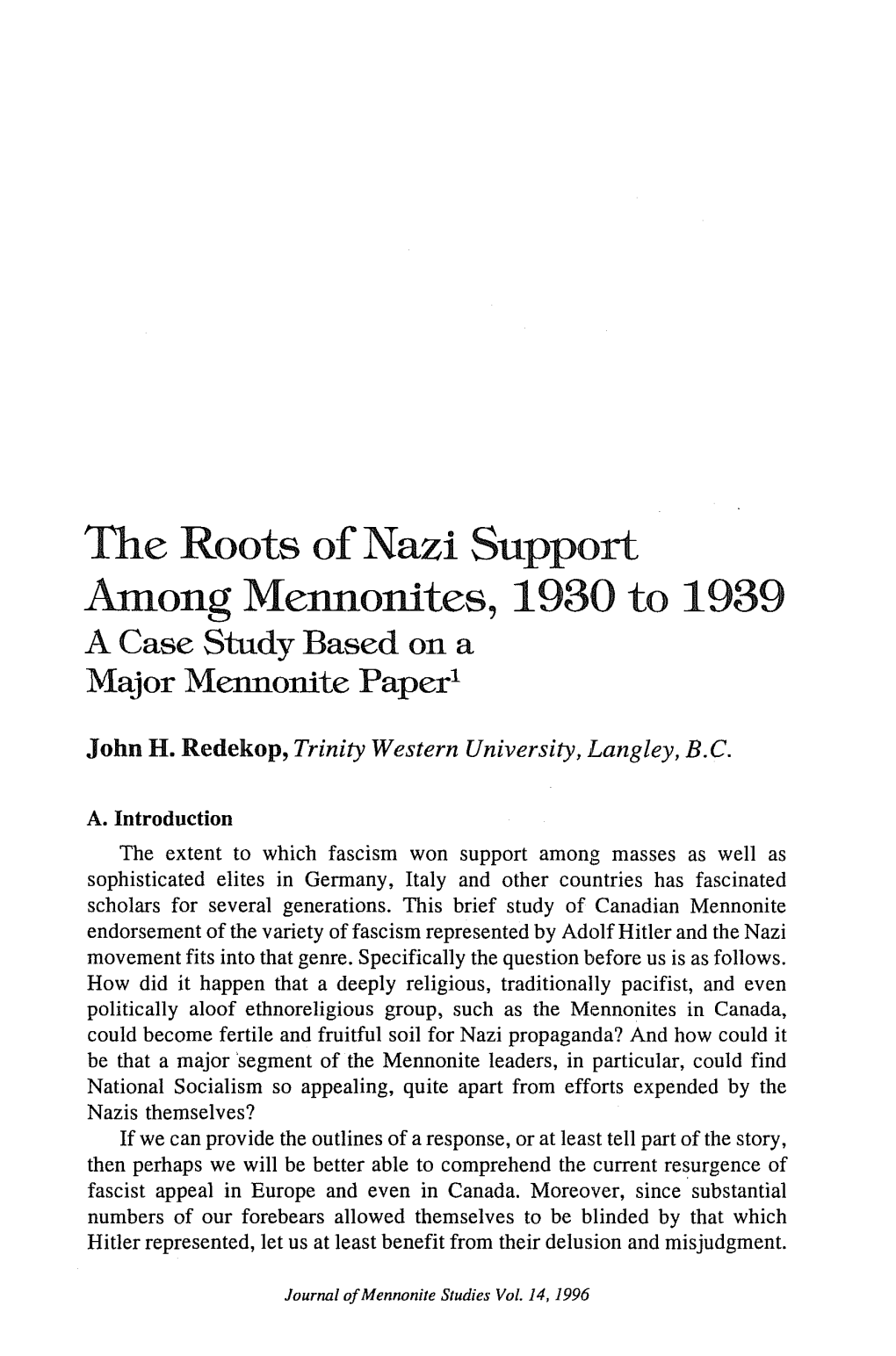 The Roots of Nazi Support Onites, 1930 to 1939 a Case Study Based on a Major Mennonite Paper1