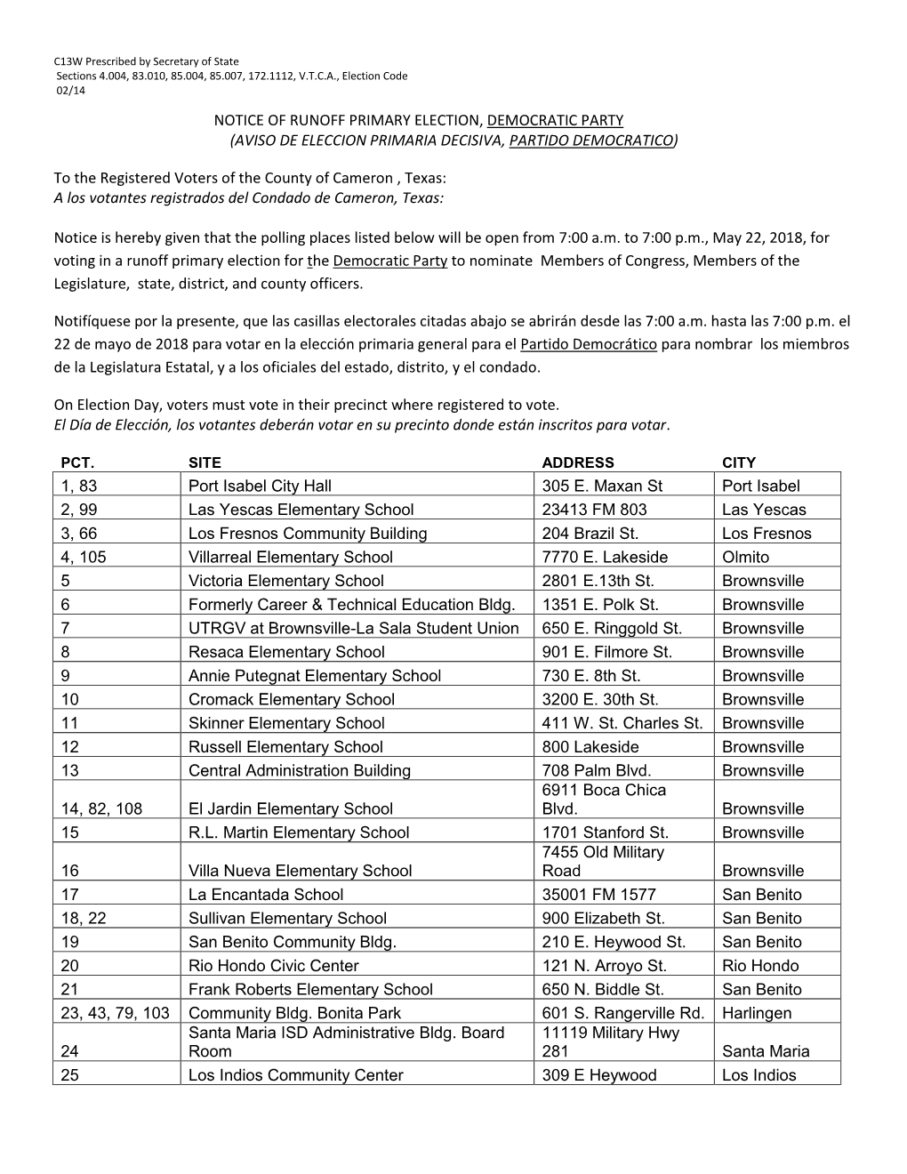 Notice of Runoff Primary Election, Democratic Party (Aviso De Eleccion Primaria Decisiva, Partido Democratico)