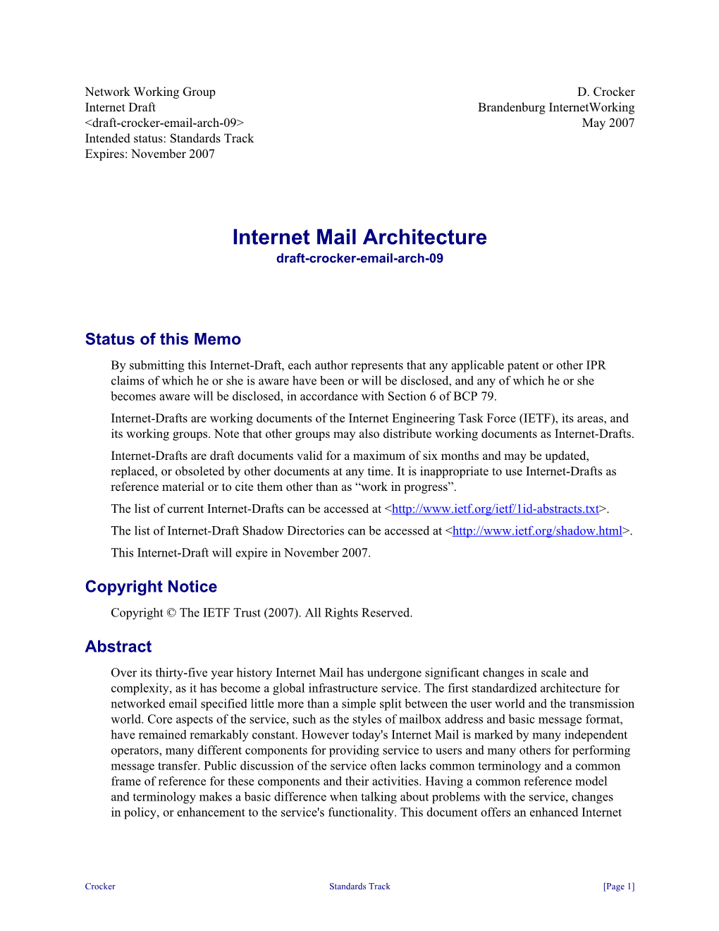 Internet Mail Architecture Draft-Crocker-Email-Arch-09