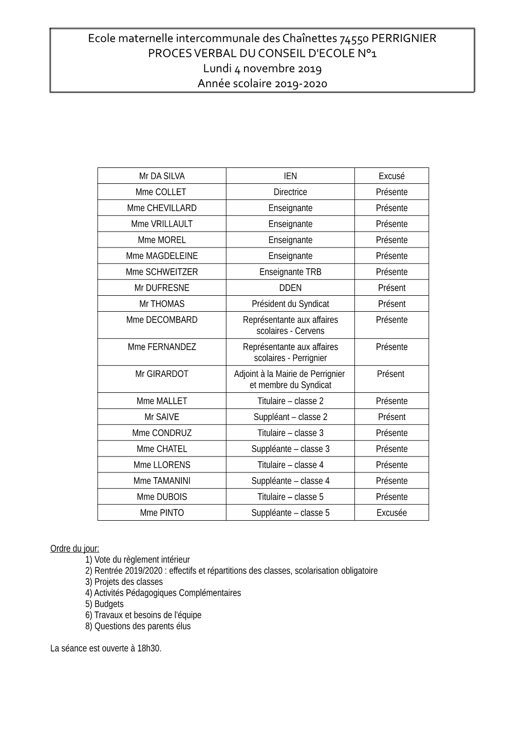 Ecole Maternelle Intercommunale Des Chaînettes 74550 PERRIGNIER PROCES VERBAL DU CONSEIL D'ecole N°1 Lundi 4 Novembre 2019 Année Scolaire 2019-2020