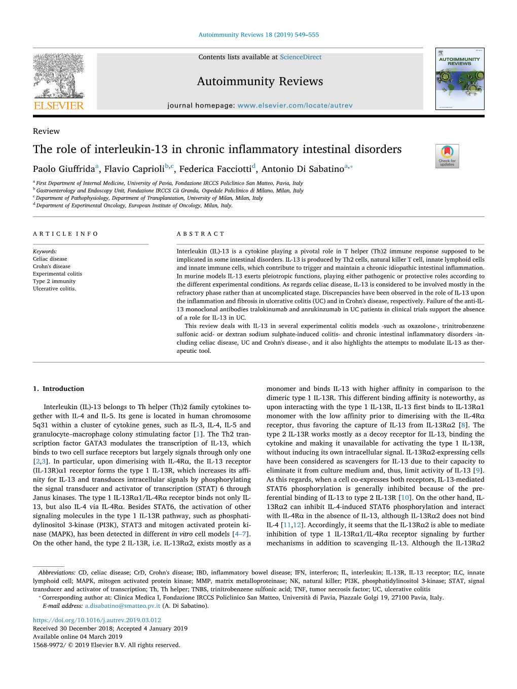 The Role of Interleukin-13 in Chronic Inflammatory Intestinal Disorders