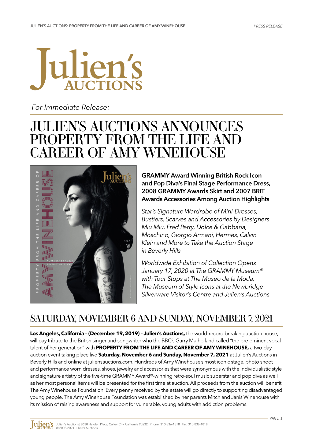 Julien's Auctions Announces Property from the Life And