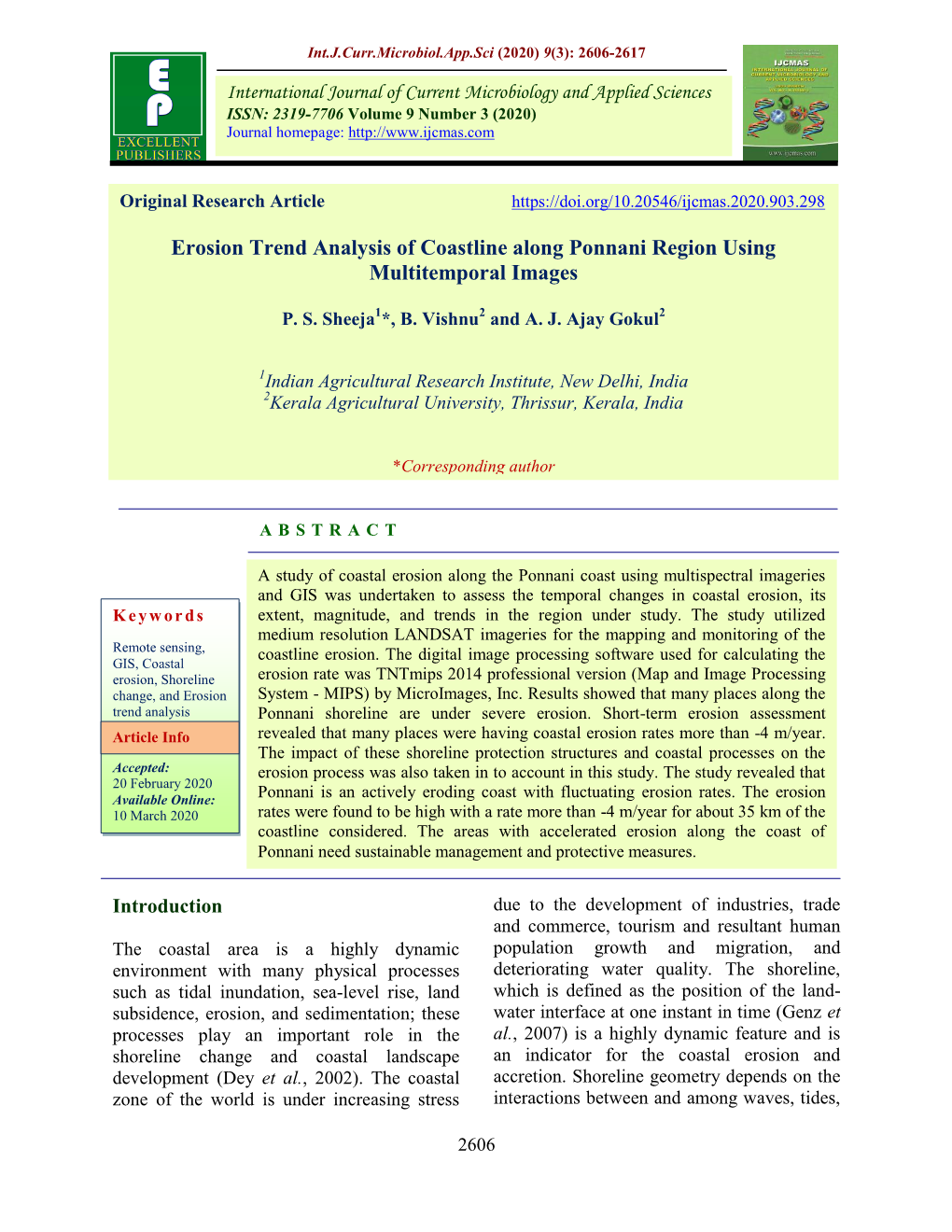 Erosion Trend Analysis of Coastline Along Ponnani Region Using Multitemporal Images