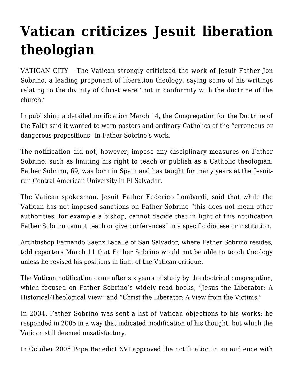 Vatican Criticizes Jesuit Liberation Theologian