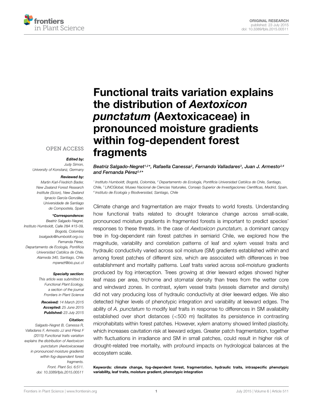 Functional Traits Variation Explains the Distribution of Aextoxicon Punctatum