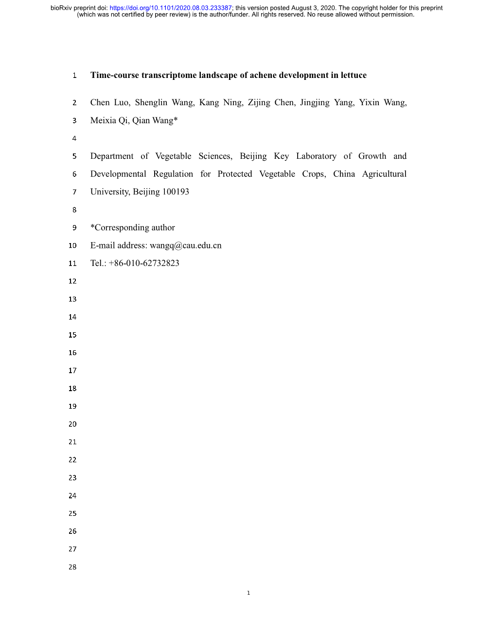 Time-Course Transcriptome Landscape of Achene Development in Lettuce Chen Luo, Shenglin Wang, Kang Ning, Zijing Chen, Jingjing Y