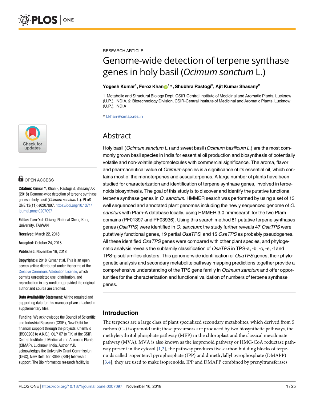Genome-Wide Detection of Terpene Synthase Genes in Holy Basil (Ocimum Sanctum L.)