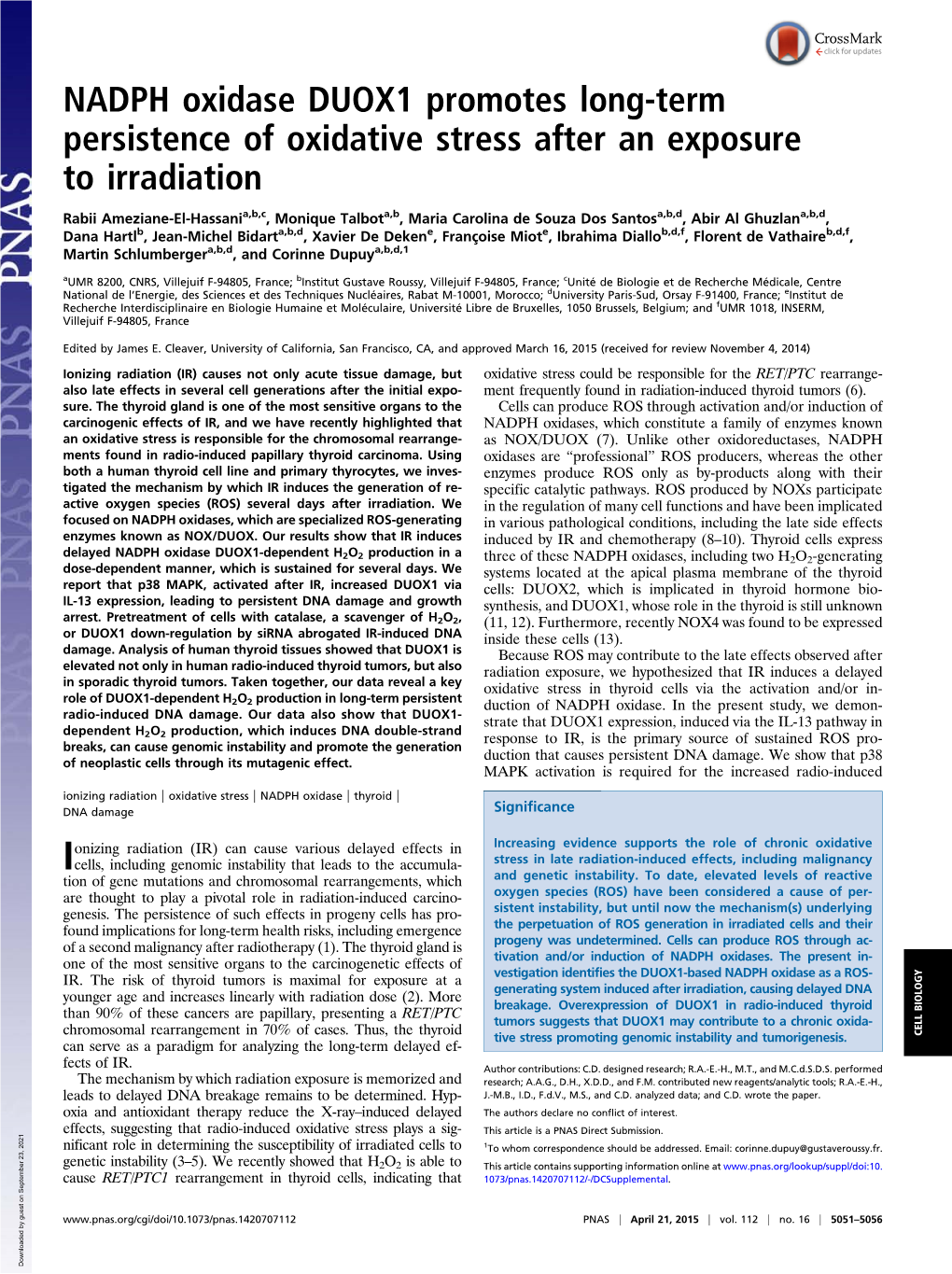 NADPH Oxidase DUOX1 Promotes Long-Term Persistence of Oxidative Stress After an Exposure to Irradiation