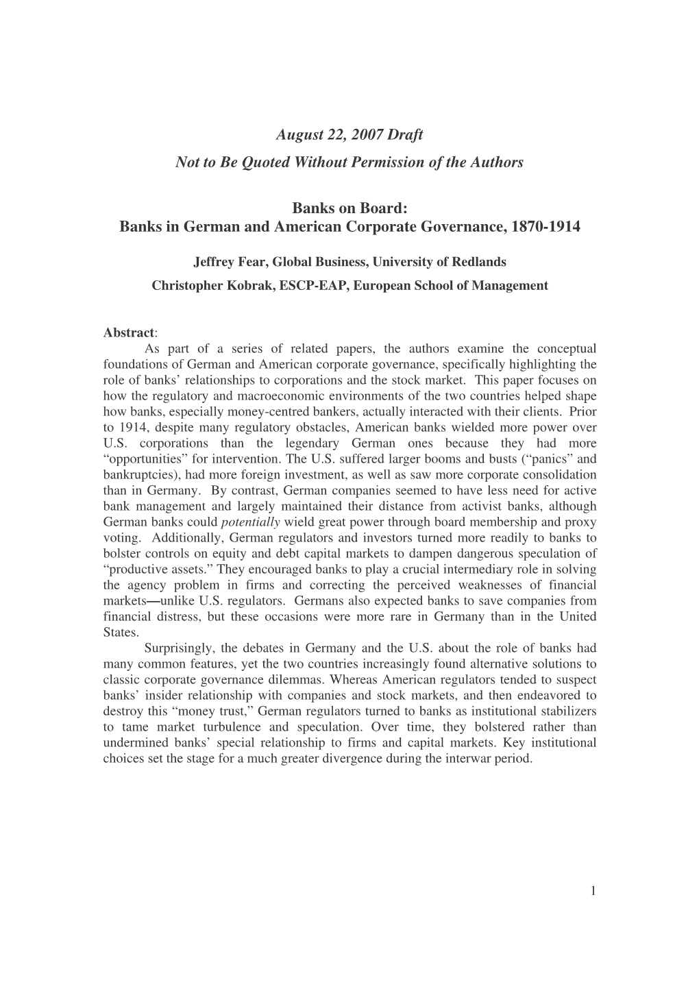 Banks in German and American Corporate Governance, 1870-1914